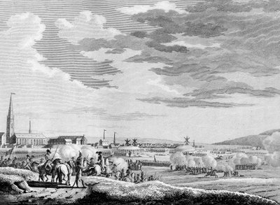 法国大革命战争和反革命运动：1793 年法国在敦刻尔克附近的洪德斯乔特战役中战胜英国和奥地利反革命军队。斯韦巴赫之后由贝索雕刻。 巴黎，研究所图书馆 作者 雅克·弗朗索瓦·约瑟夫·斯韦巴赫
