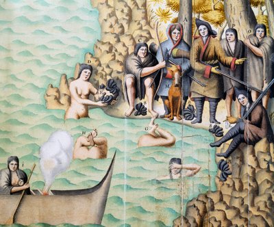 土著妇女在麦哲伦海峡捕捉贝类，由杜普莱西斯 (Duplessis) 创作的水彩画，由 Jacques Gouin de Beauchesne（1652-1730 年）于 1698 年至 1701 年间在阿根廷巴塔哥尼亚航行时创作 作者 雅克·古安·德·博舍纳