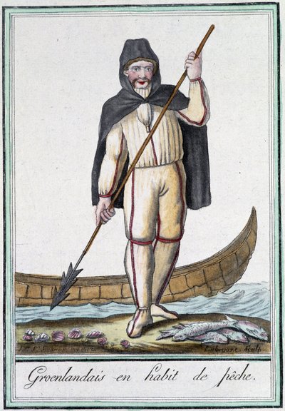 身着渔服的格陵兰人——在 Grasset Saint Sauveur 编的“”Encyclopédie des voyages”中。 巴黎 1796 作者 雅克·格拉塞德·圣索维尔