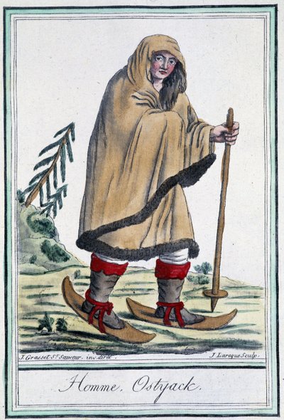 踩着滑雪板的奥斯特亚克人--载于Grasset Saint Sauveur的 "Encyclopédie des voyages"，巴黎1796年版。 作者 雅克·格拉塞德·圣索维尔