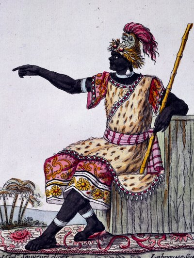 Loango国王，根据Labrousse（活跃于1796年）的绘图进行的彩色雕刻，出自Jacques Grasset de Saint-Sauveur（1757-1810）的《航海百科全书》。 作者 雅克·格拉塞德·圣索维尔