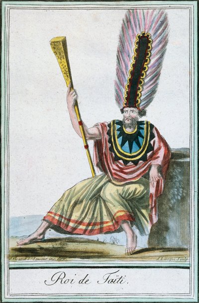 大溪地国王，社会群岛，根据拉布鲁斯（活跃于1796年）的画作进行的彩色雕刻，出自雅克-格拉塞-德-圣索韦尔（1757-1810）的《航海百科全书》。 作者 雅克·格拉塞德·圣索维尔