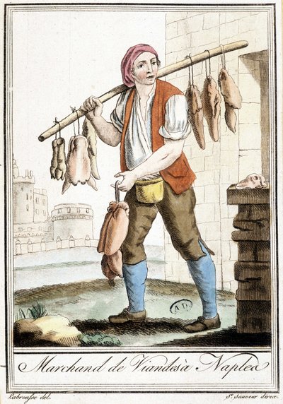 Meat dealer in Naples - in “” Encyclopedia of travels”” by Grasset St Sauveur, Paris 作者 雅克·格拉塞德·圣索维尔