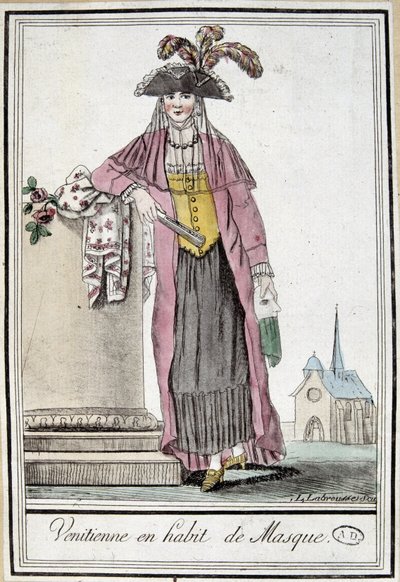 穿着面具的威尼斯女人--载于Grasset Saint Sauveur的 "Encyclopédie des voyages"，巴黎1796年版。 作者 雅克·格拉塞德·圣索维尔