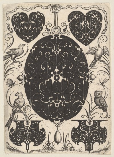 椭圆形吊坠，装饰有Schweifwerk，周围有较小的图案和四只鸟，约1614-19。 作者 雅克·胡尔图