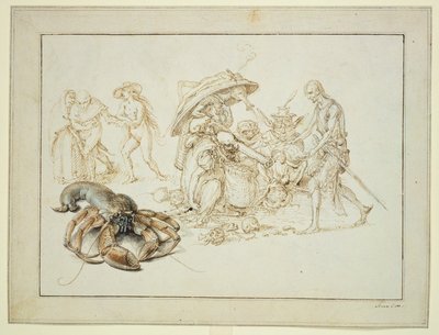 龙虾和两个女巫，c.1602（纸上钢笔和水彩） 作者 雅克二世·盖恩