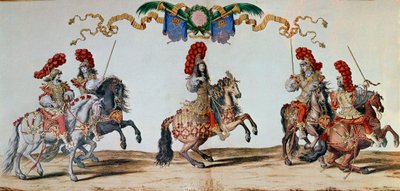 1662年的卡鲁塞尔。国王路易十四和参加1662年巴黎卡鲁塞尔仪式的骑士们（雕刻）。 作者 雅克·贝伊