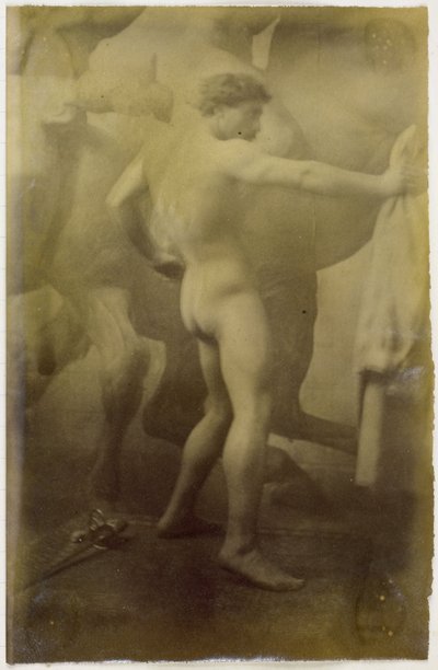雅克-德-拉林工作室中的裸体男模特研究，背景为马匹的不朽壁画 作者 雅克·拉莱恩（归因于）