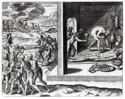 来自&39;Americae&39;的印度葬礼仪式，由Theodor de Bry（1525-75）编写和雕刻，1602 作者 雅克·勒·摩恩（Jacques Le Moyne）