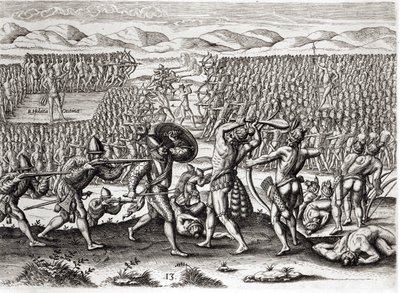 Outina在1564年佛罗里达法国的帮助下击败Patanou，来自Theodore de Bry（1528-98）1591刻的&39;Brevis Narratio&39;（另见223425和173458） 作者 雅克·勒·摩恩（Jacques Le Moyne）