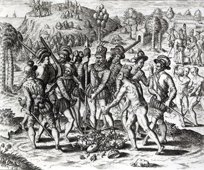 西班牙人接受印第安人的礼物，来自&39;历史&39;，1598年，由Theodor de Bry（1528-98）雕刻 作者 雅克·勒·摩恩（Jacques Le Moyne）