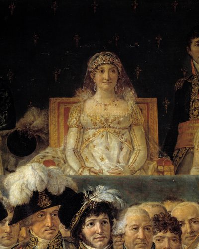 拿破仑的仪式。 详细描绘了 Laetitia Bonaparte (Letizia Maria Ramolino)（1750-1836 年），拿破仑一世的母亲在拿破仑一世波拿巴皇帝的神圣和约瑟芬帝国于 1804 年 12 月 2 日在巴黎圣母院加冕。绘画 b 作者 雅克·路易·大卫