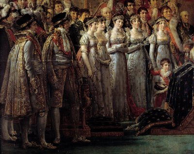 拿破仑的仪式。 12 月 2 日在巴黎圣母院举行的拿破仑一世·波拿巴 (Napoleon I Bonaparte) 圣礼和约瑟芬 (Imperatrice Josephine) 加冕典礼期间，皇帝兄弟姐妹的细节 作者 雅克·路易·大卫