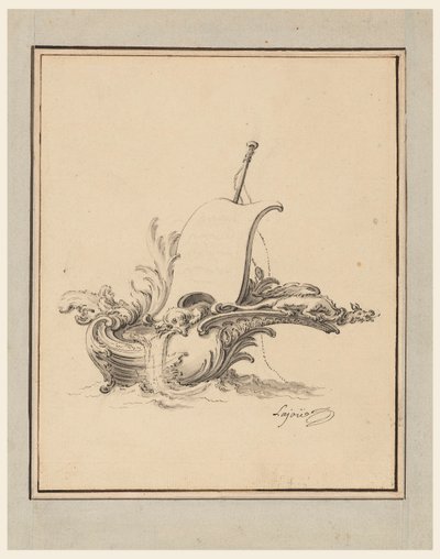 图纸，带帆小船形状的护额设计，为《新异刻图汇编》绘制，1734 年 作者 雅克·德·拉约