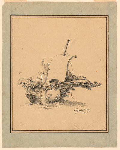 图纸，带帆小船形状的护额设计，为《新异刻图汇编》绘制，1734 年 作者 雅克·德·拉约