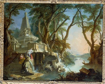 景观由“河流”组成，金字塔喷泉与海王星雕像破碎。 由 Jacques de La Joue (1686-1761) 绘制的 18 世纪太阳。 0,81 x 1,01 米 作者 雅克·德·拉约
