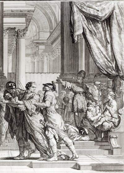耶路撒冷大祭司耶何耶大宣布约阿施王子为犹大王，由Jean-Jacques Flipart（1719-82）刻上Jean Racine（1639-99）的“Athalie” 作者 雅克·塞弗