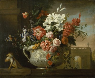 瓮中之花的静物，和一只猴子，在壁架上，约1699年（布面油画 作者 雅各布博格达尼或博格达尼