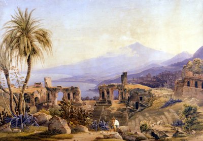 西西里岛的陶尔米纳：废墟和埃特纳火山。 雅各布·苏特 (Jacob Suter) 的画作，大约 1850 年。 作者 雅各布·苏特