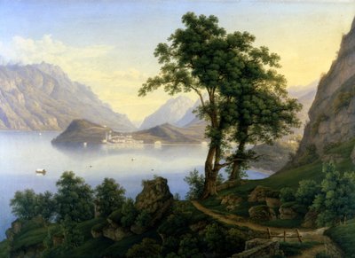 科莫湖上的贝拉吉奥全景。 19 世纪。 雅各布·苏特 (Jacob Suter) 的绘画。 作者 Jakob Suter