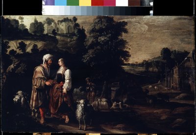 雅各布与拉结在井边相遇。Jacobus (Jacques) Wabbe 或 Waben（活跃于 1602-1634 年间）的画作。木板油画，38 x 62.5 厘米 作者 雅各布·韦伯