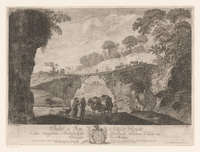 山景，两块岩石间有一座木桥 作者 Maria Beatrice d'Este (Hertogin van Massa en Carrara)