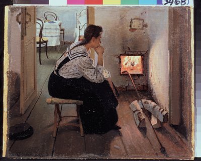 "火炉前的思绪》（Reflexions pres du poele a bois），一位年轻女子坐在火炉前沉思。雅科夫-卡利尼琴科（1869-1938 年）1897 年绘画，国家地区 I 级。波扎罗斯金艺术博物馆，梁山 作者 雅科夫·雅科夫列维奇·卡利尼琴科