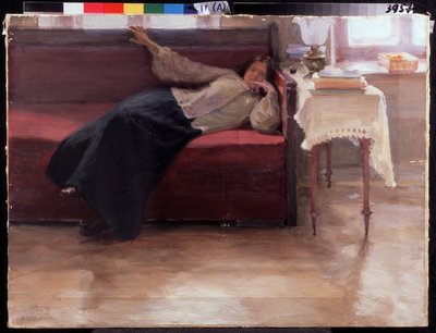 "Songes", 躺在沙发上沉思的少女。雅科夫-卡利尼琴科（1869-1938 年）的绘画，1904 年国家地区 I 级。波扎罗斯金艺术博物馆，梁山 作者 雅科夫·雅科夫列维奇·卡利尼琴科