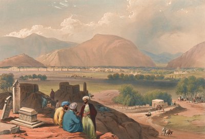 卡乌布尔[原文如此]，从城市东北部山脊上的一个埋葬地看（石版画，着色）。 作者 詹姆斯（后）阿特金森