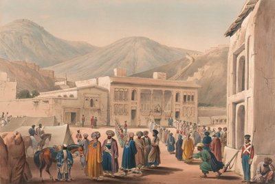 Shah Shoojah-ool-Moolk的Durbar-Khaneh，在Cabaul[原文如此]，约1840年（石版画，着色）。 作者 詹姆斯（后）阿特金森