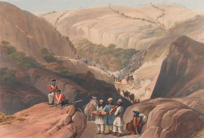 第一次下山通过库贾[原文如此]山口，约1839年（石版画，着色）。 作者 詹姆斯（后）阿特金森