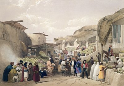 卡乌布尔集市的主要街道，在水果季节，摘自《阿富汗素描》，由查尔斯-哈格（1810-88）和路易斯-哈格（1806-85）雕刻，由亨利-格雷夫斯出版。 作者 詹姆斯（后）阿特金森
