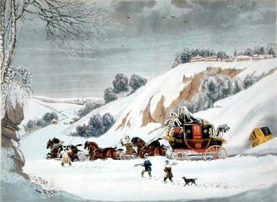 深雪中的邮件，由乔治-亨特雕刻（彩色平印）。 作者 詹姆斯（后）波拉德