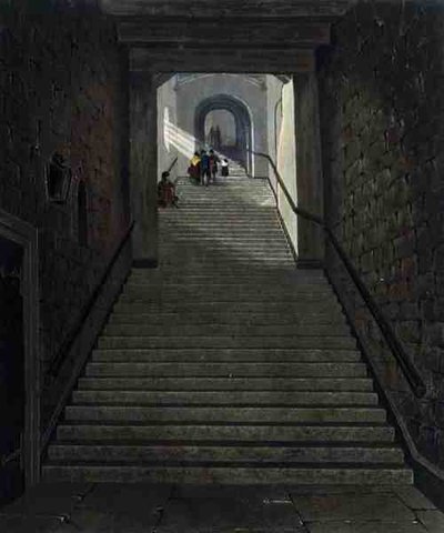 温莎城堡的古楼梯，出自《皇家住宅》，由R. Reeve雕刻，由William Henry Pyne（1769-1843）出版。 作者 詹姆斯（后）斯蒂芬诺夫
