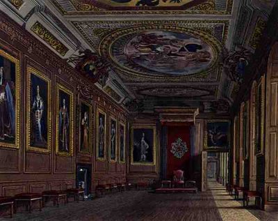 温莎城堡的国王议事厅，出自《皇家住所》，由W.J.Bennett雕刻，William Henry Pyne（1769-1843）出版。 作者 詹姆斯（后）斯蒂芬诺夫