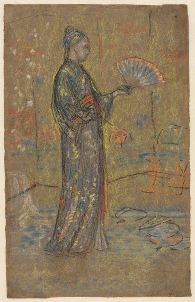 日本女人绘画风扇直肠，站立的女人举起她的衣服，左，c。 1872年。 作者 詹姆斯·阿博特·麦克尼尔·惠斯勒