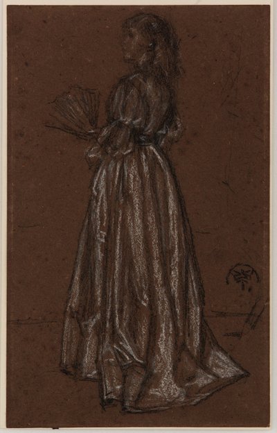 拿扇子的站立人物，约 1873/1876（黑白粉笔，棕色纸张） 作者 James Abbott McNeill Whistler