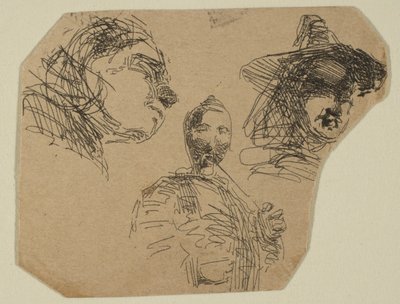 两个女性头像和站立的人物，来自海岸勘测图版上的草图，1854-55。 作者 詹姆斯·阿博特·麦克尼尔·惠斯勒