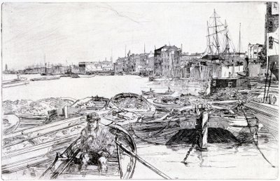 1859 年伦敦盆地上的泰晤士河景色（英国），属于泰晤士河系列版画，突出了英国首都的海运工人群体 作者 詹姆斯·阿博特·麦克尼尔·惠斯勒