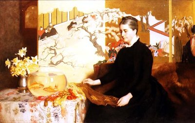 带着日本屏风和金鱼的女士（艺术家母亲的画像 作者 詹姆斯·卡登黑德
