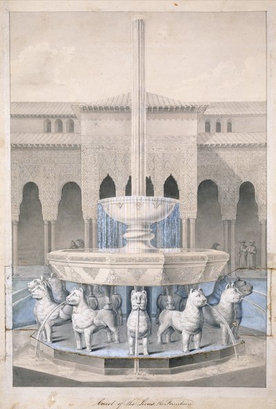 狮子宫的喷泉，阿罕布拉，来自西班牙阿拉伯古物，1815年出版（手工彩色雕刻） 作者 詹姆斯·卡瓦纳·墨菲