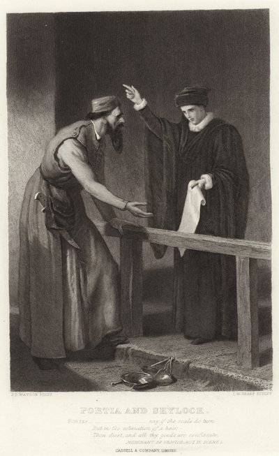 Portia和Shylock，威尼斯商人，第四幕，第一幕 作者 詹姆斯·道森·沃森