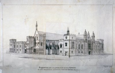 对毗邻威斯敏斯特大厅的建筑进行改建的建议，伦敦，约1825年。               作者 詹姆斯·杜菲尔德·哈丁