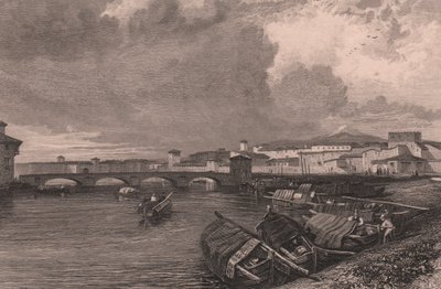 意大利托斯卡纳比萨的阿诺河景色，托马斯-海姆（1796-1844 年）根据詹姆斯-达菲尔德-哈丁（1798-1863 年）的素描绘制的钢版画 作者 詹姆斯·杜菲尔德·哈丁
