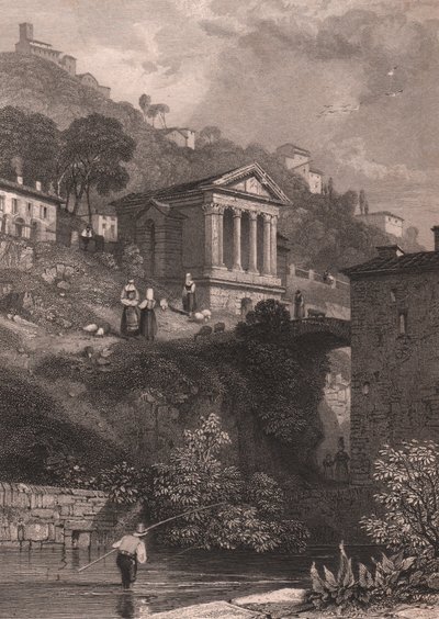 意大利翁布里亚 Campello sul Clitunno 附近沿 Clitunno 河的 Clitumnus 神庙景观，Jordan 根据 James Duffield Harding（1798-1863 年）的绘图所作的钢版雕刻，约 10、5x15 厘米 作者 詹姆斯·杜菲尔德·哈丁