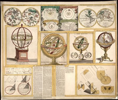 九张图片集，包括天文仪器、天体图和世界地图。LOC 2013593153 作者 詹姆斯·弗格森