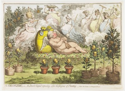 De Orangerie：荷兰丘比特，从种植的疲劳中休息，1796 年 橘园； 或荷兰丘比特在种植疲劳后休息（物体上的标题） 作者 James Gilray（艺术家签名）