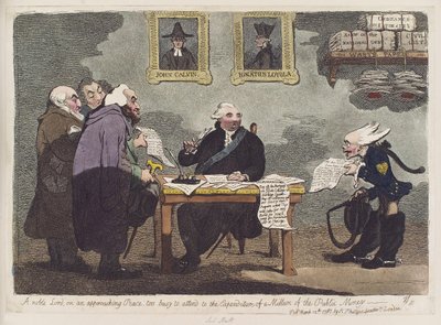 詹姆斯-吉尔雷（James Gillray）：一位贵族老爷，因和平临近而无暇顾及一百万公款的支出 作者 詹姆斯·吉里