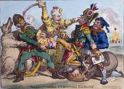 Allied Powers Un-Booting Egalite，由Hannah Humphrey于1799年出版（手工蚀刻） 作者 詹姆斯·吉里