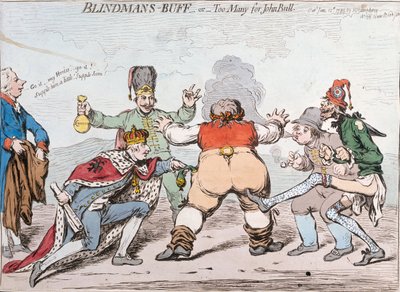 1755年Hannah Humphrey出版的Blindman&39;s Buff，或约翰·布尔的太多（手工蚀刻） 作者 James Gillray